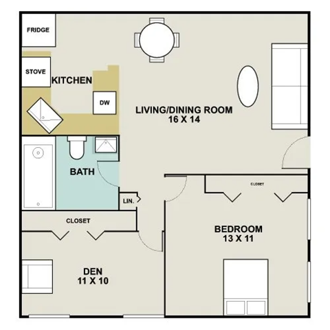 A floor plan of a small apartment with a living room, kitchen, bathroom, and two bedrooms.